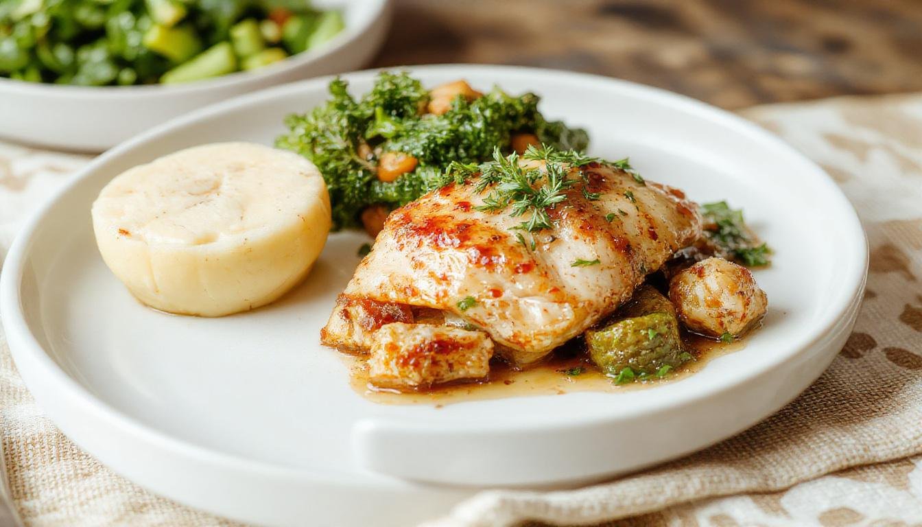 A close-up of golden-brown vegan chicken tenders arranged neatly on a white ceramic plate, garnished with fresh herbs, with a rustic wooden background and a side of vibrant green salad.