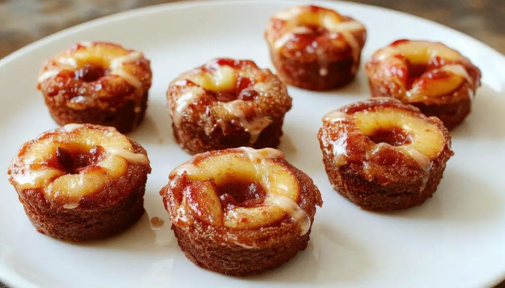 A close-up of three mini cakes with golden-brown crusts topped with glossy caramelized peach slices arranged in a circular pattern. The cakes are presented on a rustic wooden plate, with vibrant peach slices and a drizzle of caramel sauce visible. The background is softly blurred, highlighting the moist texture and enticing appearance of the individual mini desserts.