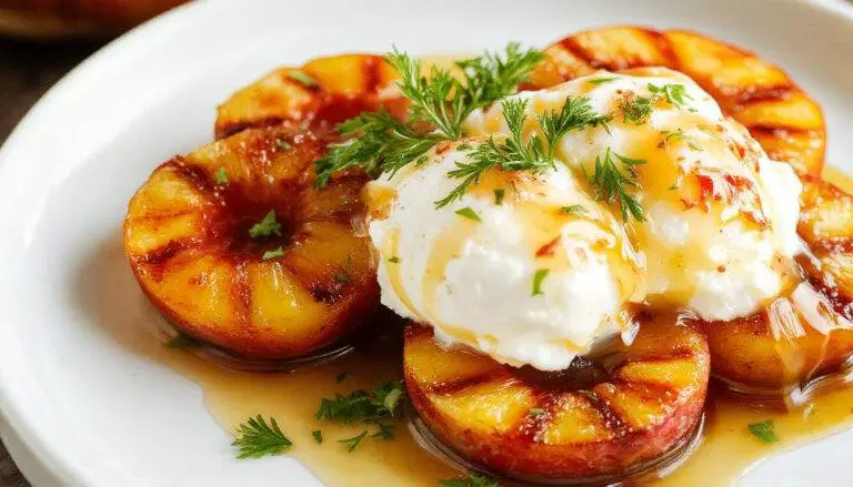 A close-up of two split grilled peaches with grill marks, topped with a generous scoop of vanilla ice cream melting slightly, drizzled with golden honey. The peaches are vibrant orange and red, seated on a rustic plate with a soft-focus summer background, evoking a fresh and inviting summer dessert scene.