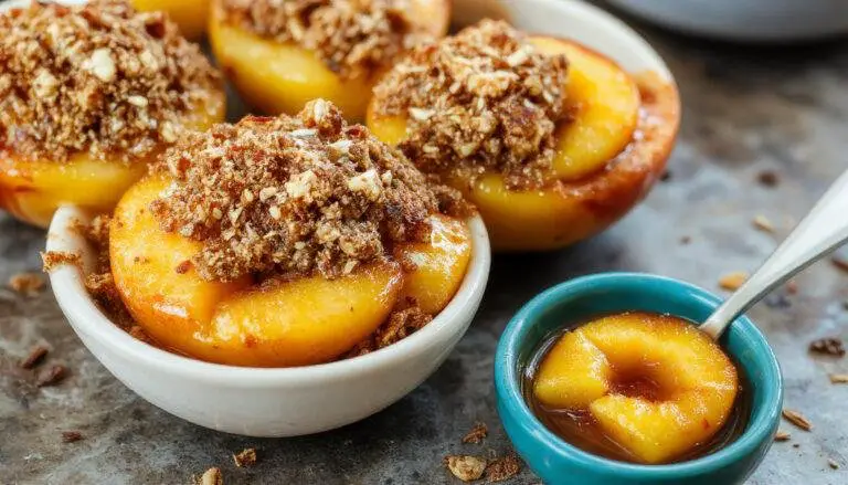 A close-up of a baked peach half topped with golden brown brown sugar crumble, nestled on a rustic white plate. The peach's vibrant orange flesh peeks through the crispy crumble topping, with a drizzle of caramel sauce and a sprig of mint for garnish. The background features a softly blurred wooden table, emphasizing the warm, inviting presentation of this summer dessert.