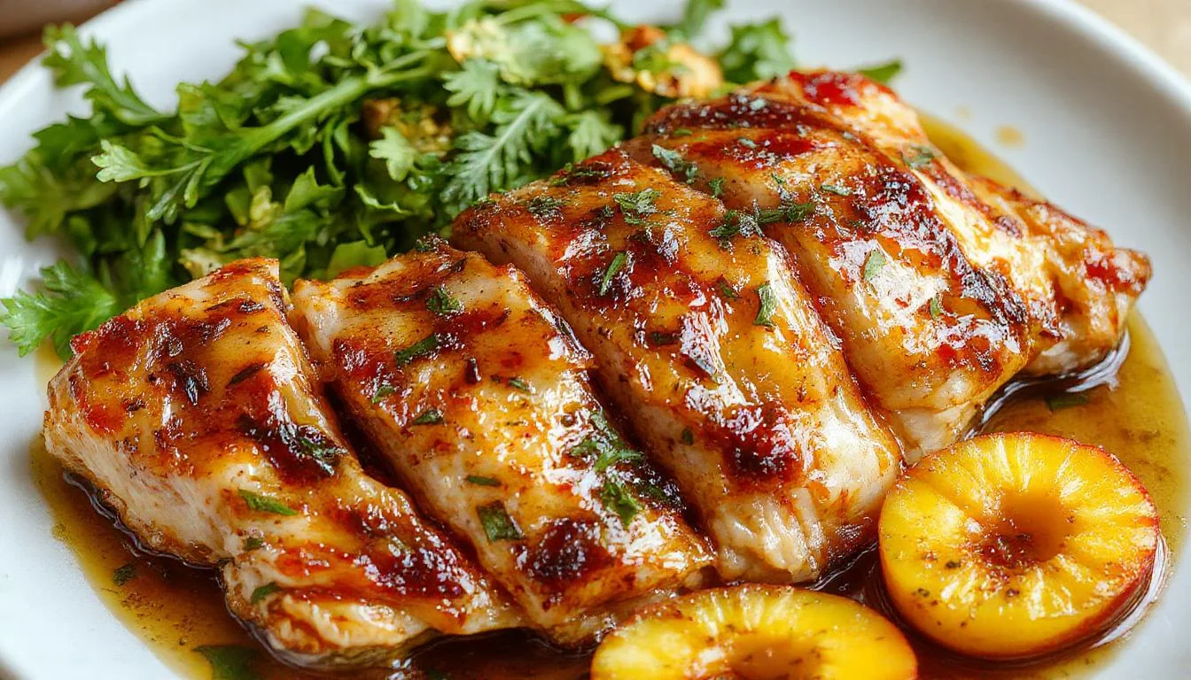 A vibrant plate featuring grilled chicken breasts topped with sliced ripe peaches and fresh herbs. The golden-brown chicken has a juicy glaze, complemented by colorful peach slices and a sprinkling of chopped herbs, all arranged artfully on a white ceramic plate with a rustic wooden background.