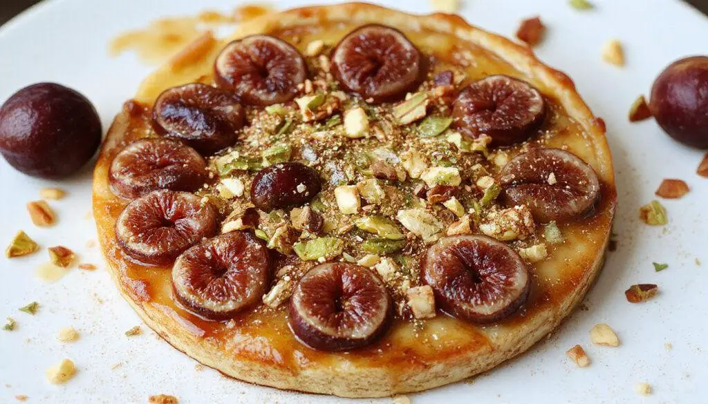 A close-up of a beautifully arranged fig, honey, and pistachio tart on a rustic wooden table. The tart features a golden-brown crust topped with sliced ripe figs, sprinkled crushed pistachios, and drizzled with glossy honey. The vibrant purple and green hues of the figs contrast with the crunchy nuts and shiny honey, creating an inviting and elegant presentation with a dusting of powdered sugar around the edges.
