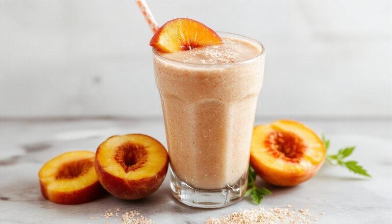 A tall glass filled with a vibrant orange-peach colored smoothie topped with fresh peach slices and a mint sprig, served on a wooden table with a scattering of peach chunks around it.