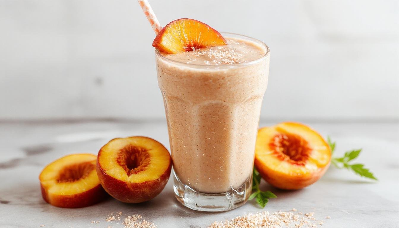 A tall glass filled with a vibrant orange-peach colored smoothie topped with fresh peach slices and a mint sprig, served on a wooden table with a scattering of peach chunks around it.