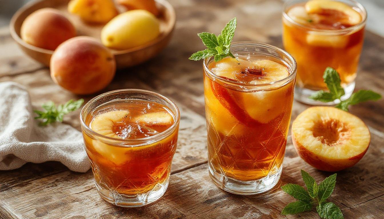 A tall glass of iced peach tea garnished with fresh peach slices and a sprig of mint, with condensation on the glass and a light pink hue from the tea, set against a rustic wooden background.