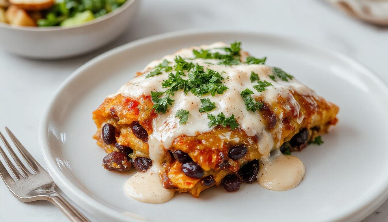 A vibrant baked dish featuring golden roasted sweet potatoes layered with black beans and melted cheese, topped with a rich red enchilada sauce and garnished with fresh cilantro. The casserole is served in an oval dish with a portion scooped out, revealing the colorful layers and gooey texture inside.