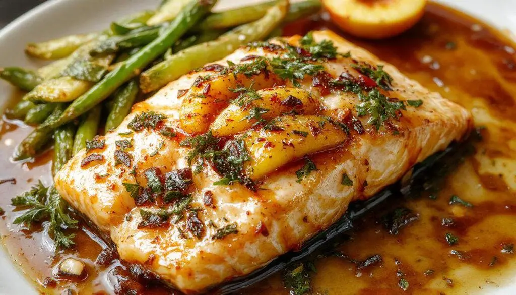 A beautifully plated piece of roasted salmon glazed with a glossy peach and bourbon sauce, garnished with fresh peach slices and herbs, set on a white ceramic plate with a hint of caramelized edges and vibrant colors of the peach glaze contrasting with the pink salmon flesh.