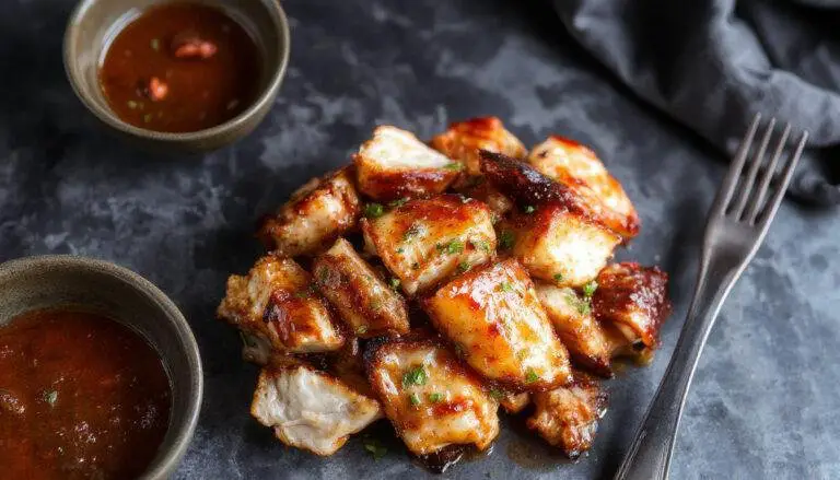 A close-up of glazed Char Siu Chicken slices with a deep reddish-brown exterior, arranged neatly on a white platter garnished with green scallions and sesame seeds. The chicken has a glossy, caramelized surface with visible char marks, showcasing its tender interior and flavorful marinade.