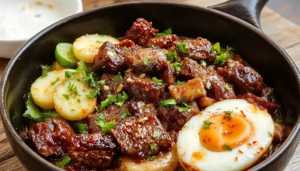 A vibrant skillet filled with seasoned Korean ground beef topped with finely chopped green onions and sesame seeds, served alongside steamed white rice in a rustic wooden bowl. The beef has a glossy, caramelized appearance with a deep brown hue, garnished with fresh herbs and a drizzle of sauce, creating an inviting and colorful presentation.