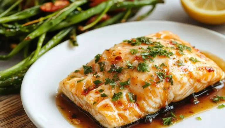 A perfectly cooked salmon fillet glazed with a shiny orange sauce, garnished with fresh orange zest and green herbs, served on a white plate with a side of steamed vegetables. The glossy glaze highlights the tender, flaky texture of the fish, with bright orange and vibrant green accents creating an inviting presentation.