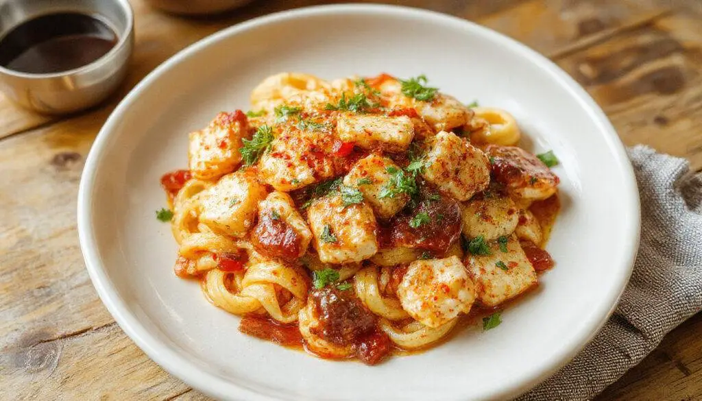 A close-up of a plate of Honey Pepper Chicken Pasta featuring tender pasta topped with sliced glazed chicken pieces, vibrant red and green bell peppers, sprinkled with sesame seeds, and drizzled with a glossy honey sauce. The dish is garnished with fresh herbs, highlighting the sweet and spicy flavor profile.