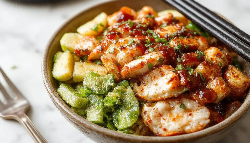 A vibrant rice bowl featuring sliced Korean BBQ chicken glazed with sweet and spicy sauce, topped with chopped green onions and sesame seeds, arranged neatly over steamed white rice in a rustic bowl, garnished with colorful vegetables and herbs, with a glossy finish highlighting the savory glaze.