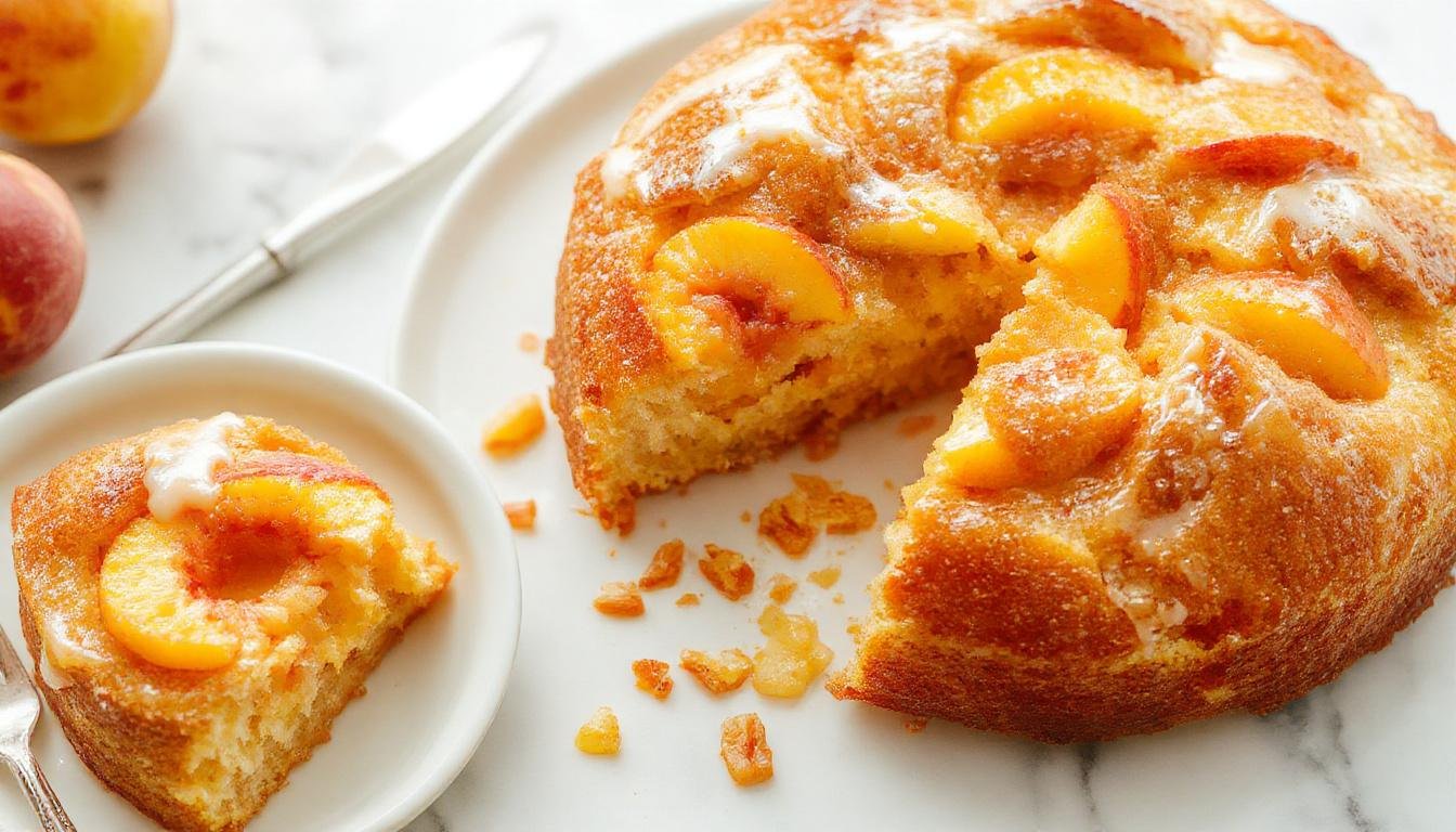 A vibrant slice of Summer Peach Cake with golden-brown crust, topped with fresh peach slices and a sprinkle of powdered sugar, set on a white cake plate with a blurred summer garden background.