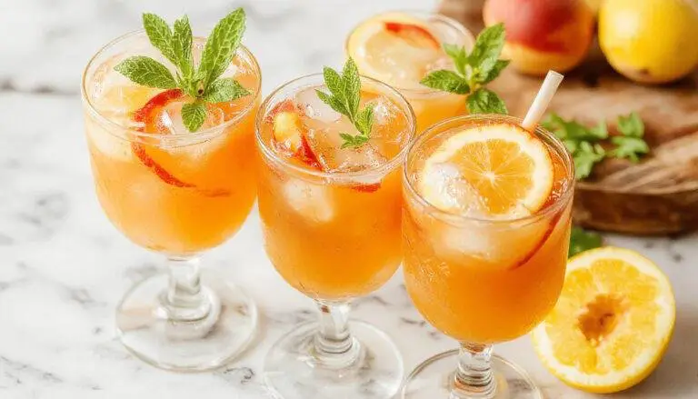 A tall, clear glass filled with vibrant yellow-orange peach lemonade, garnished with fresh peach slices and a sprig of mint. The glass is condensation-coated, highlighting its refreshing coldness, and the background features a sunny summer scene with blurred citrus fruits and greenery.