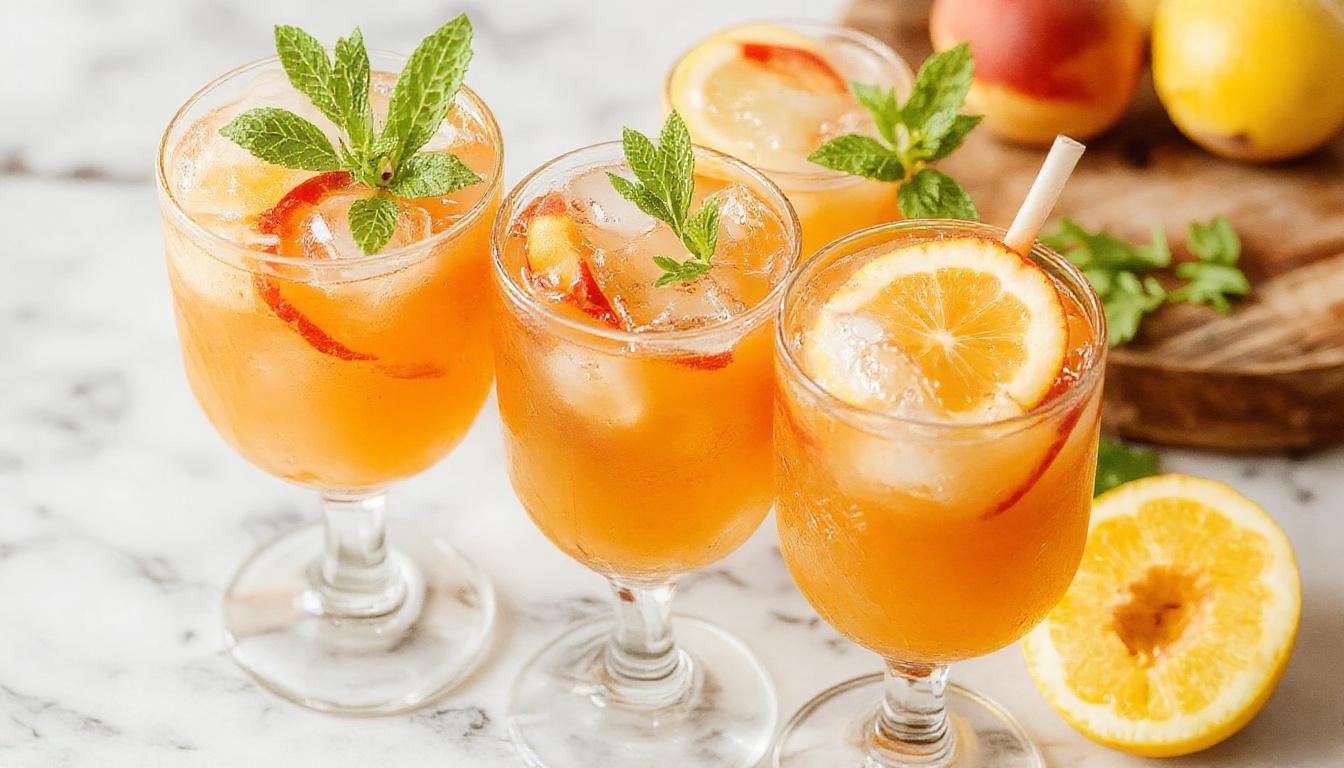 A tall, clear glass filled with vibrant yellow-orange peach lemonade, garnished with fresh peach slices and a sprig of mint. The glass is condensation-coated, highlighting its refreshing coldness, and the background features a sunny summer scene with blurred citrus fruits and greenery.