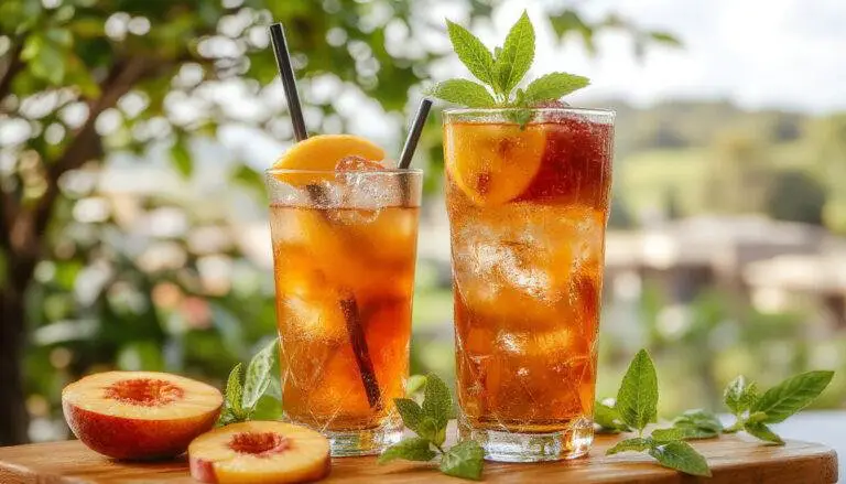 A tall glass of vibrant peach tea garnished with a fresh peach slice and mint leaves, with condensation beads on the glass, set against a summery backdrop with other peaches and ice cubes visible.