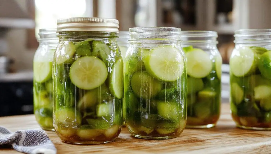 A jar of vibrant golden-yellow Amish sweet pickles sits on a rustic wooden table, with slices of cucumbers and onions visible through the glass. The pickles are glossy and packed tightly, with a slightly translucent appearance, garnished with fresh herbs around the jar.