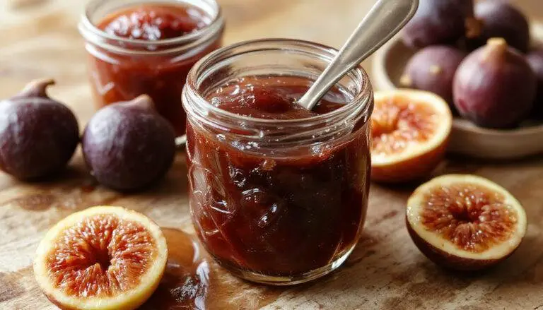 A small jar of homemade fig jam with visible chunks of ripe figs, glossy and thick, sitting on a rustic wooden surface. Surrounding it are fresh figs, a sliced lemon, and a honey dipper coated in golden honey. The scene is bright and inviting, emphasizing the rich purple hues of the jam contrasted with the vibrant yellow of the lemon and the warm amber of honey.