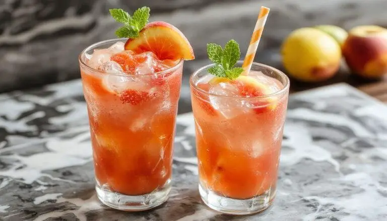 A vibrant glass filled with a frozen peach lemonade slushie, showcasing a gradient of orange and yellow hues with a frosty texture. Garnished with a fresh peach slice and a sprig of mint, the drink is presented on a rustic wooden surface with condensation droplets highlighting its icy chill. In the background, blurred slices of peaches and a lemon wedge suggest the fresh ingredients used.