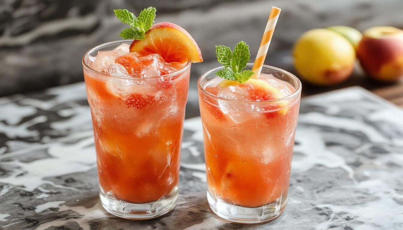 A vibrant glass filled with a frozen peach lemonade slushie, showcasing a gradient of orange and yellow hues with a frosty texture. Garnished with a fresh peach slice and a sprig of mint, the drink is presented on a rustic wooden surface with condensation droplets highlighting its icy chill. In the background, blurred slices of peaches and a lemon wedge suggest the fresh ingredients used.
