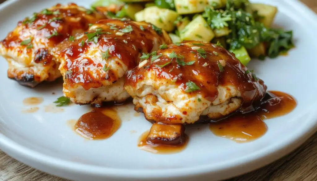 A close-up of a skewered grilled Hawaiian Teriyaki Chicken with a glossy glaze, garnished with sesame seeds and chopped green onions. The chicken has a caramelized surface with char marks, presented on a rustic wooden platter with Hawaiian pineapple slices and fresh herbs in the background.