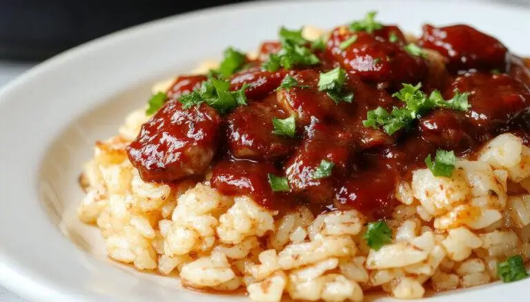 A vibrant plate featuring sliced grilled sausages coated in a glossy sweet and tangy sauce, served over fluffy rice with colorful bell peppers and green onions garnishing the dish. The sausages have a caramelized exterior, with the sauce glistening under the light, and the rice is perfectly cooked with visible grains. The presentation is rustic yet inviting, showcasing a harmonious balance of colors and textures.