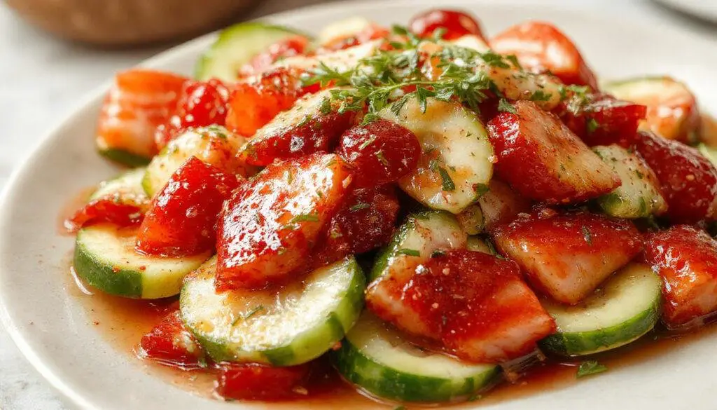 A vibrant bowl of strawberry cucumber salad featuring sliced ripe strawberries and crisp cucumber slices, drizzled with a glossy honey-lime vinaigrette, garnished with fresh mint leaves, presented in a clear glass bowl on a rustic wooden table with scattered strawberry slices and cucumber pieces around.