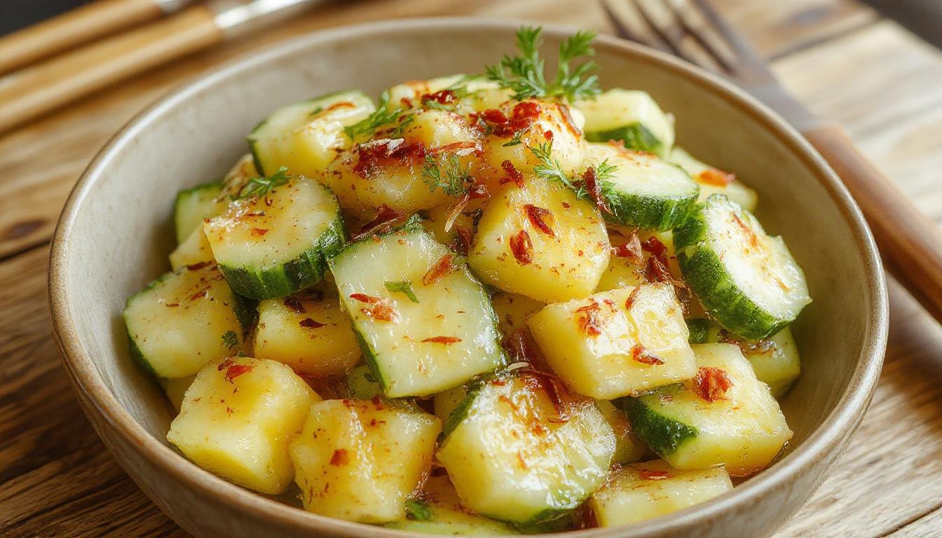 A vibrant bowl of pineapple cucumber salad featuring bright yellow pineapple chunks and crisp green cucumber slices garnished with fresh mint leaves, reflecting a colorful and refreshing summer dish, served in a clear glass bowl on a wooden table with sunlight streaming in.