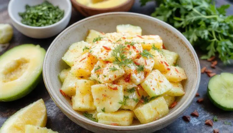 A vibrant pineapple and cucumber salad arranged on a clear glass plate. Bright yellow pineapple chunks and crisp cucumber slices are garnished with fresh mint leaves, with a light drizzle of dressing visible. The salad's colors pop against a light background, with a focus on textures and freshness.