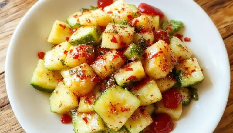 A vibrant bowl of pineapple cucumber salad showcasing bright yellow pineapple chunks and crisp green cucumber slices, garnished with fresh mint leaves. The salad is plated in a white ceramic bowl on a rustic wooden table, with visible textures of the ripe pineapple and crunchy cucumber, drizzled with a light sweet and tangy dressing.