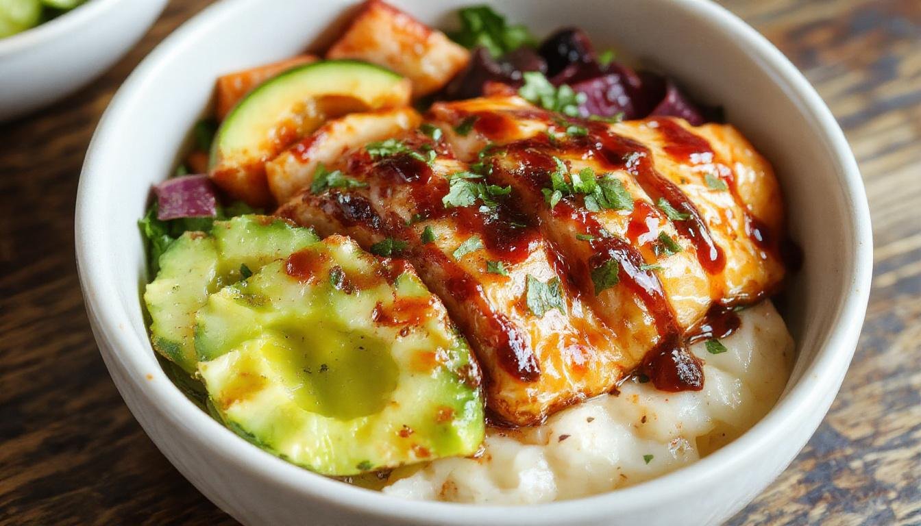 A vibrant salmon bowl featuring a perfectly cooked glazed salmon fillet topped with a glossy teriyaki glaze, nestled atop fluffy white rice, garnished with sliced green onions and sesame seeds. The bowl is arranged with colorful vegetables like shredded carrots, cucumber slices, and edamame, creating an inviting and balanced presentation with a mix of textures and bright colors.