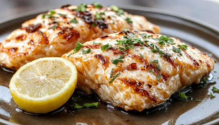 A perfectly cooked grilled salmon fillet with crispy, charred grill marks resting on a white plate. Garnished with fresh lemon slices and a sprig of dill, the salmon has a golden-brown crust and tender pink flesh. The dish is presented with a side of vibrant roasted vegetables and a drizzle of glaze, highlighting an appetizing, restaurant-style presentation.