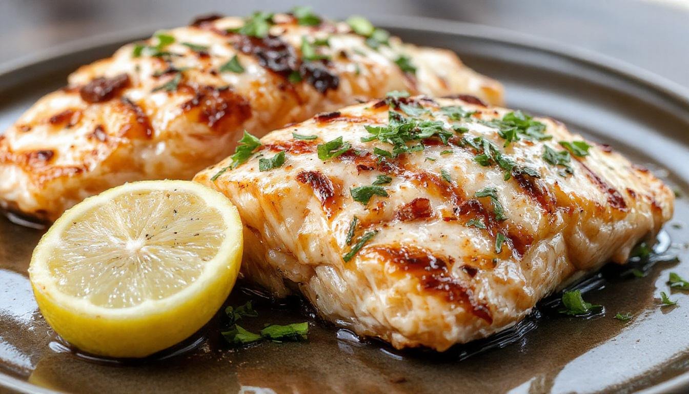A perfectly cooked grilled salmon fillet with crispy, charred grill marks resting on a white plate. Garnished with fresh lemon slices and a sprig of dill, the salmon has a golden-brown crust and tender pink flesh. The dish is presented with a side of vibrant roasted vegetables and a drizzle of glaze, highlighting an appetizing, restaurant-style presentation.