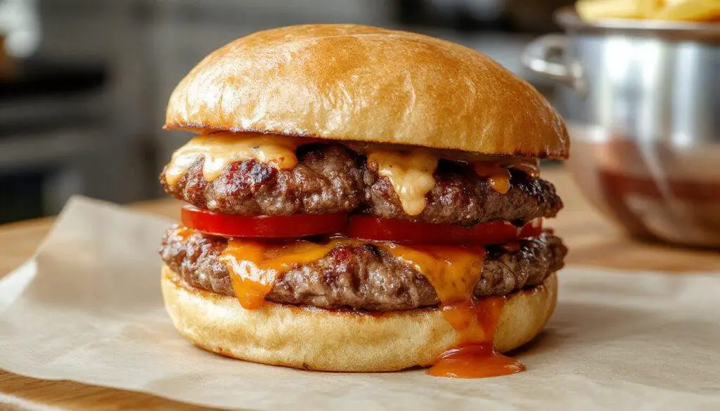 A close-up of a juicy crack burger featuring a perfectly toasted brioche bun with a glossy top, crispy bacon strips, melted cheddar cheese, fresh lettuce, ripe tomato slices, and a thick beef patty. The burger is assembled neatly on a rustic wooden plate with colorful fresh ingredients surrounding it, highlighting its savory, cheesy, and crispy textures.
