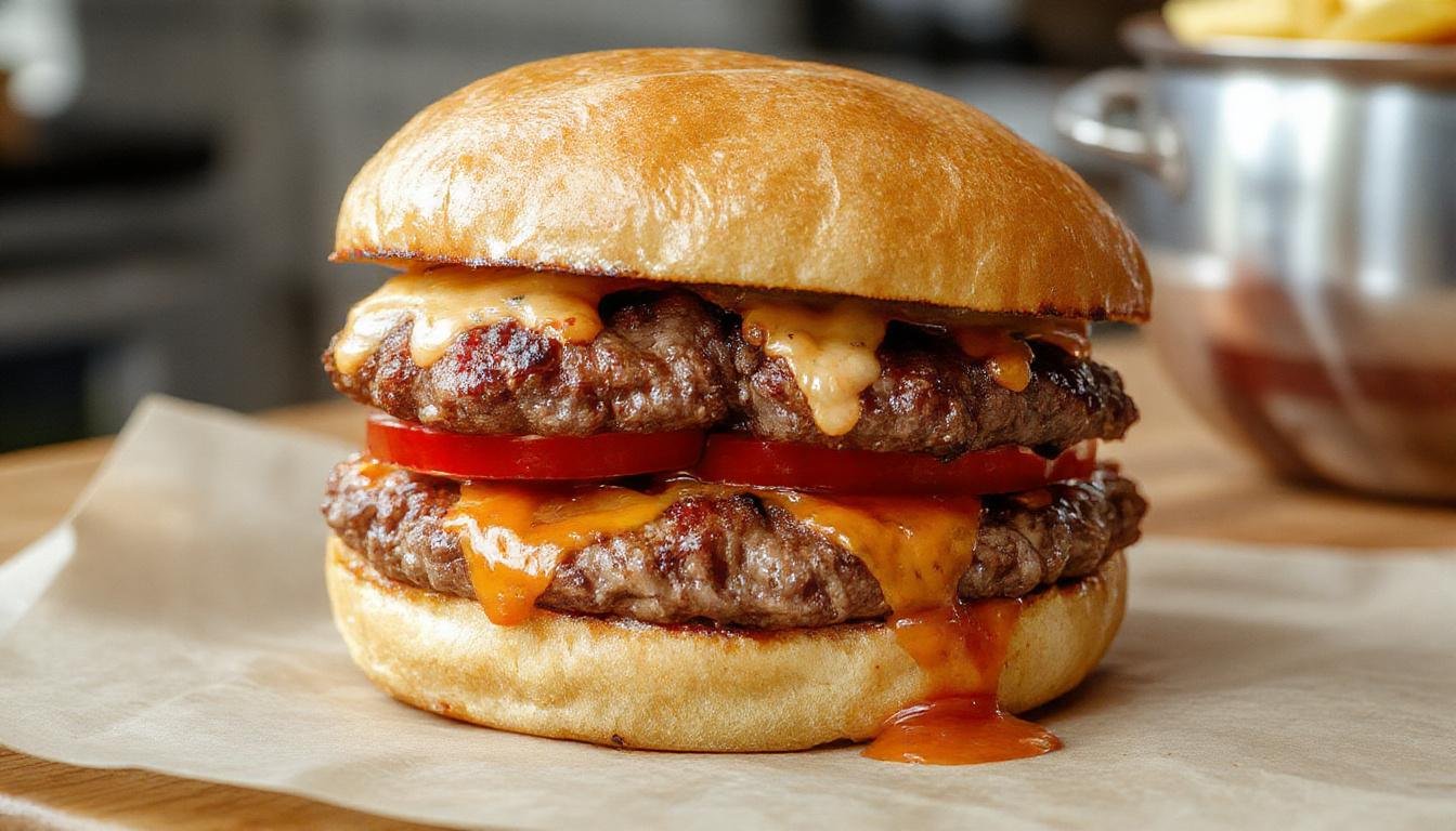 A close-up of a juicy crack burger featuring a perfectly toasted brioche bun with a glossy top, crispy bacon strips, melted cheddar cheese, fresh lettuce, ripe tomato slices, and a thick beef patty. The burger is assembled neatly on a rustic wooden plate with colorful fresh ingredients surrounding it, highlighting its savory, cheesy, and crispy textures.