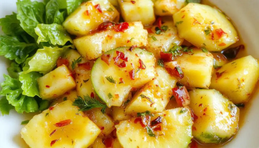 A vibrant tropical pineapple cucumber salad displayed in a clear glass bowl, showcasing bright yellow pineapple chunks, crisp green cucumber slices, and a light drizzle of dressing. The salad is garnished with fresh mint leaves, emphasizing freshness and color contrast, with a white background that highlights its fresh, juicy textures.