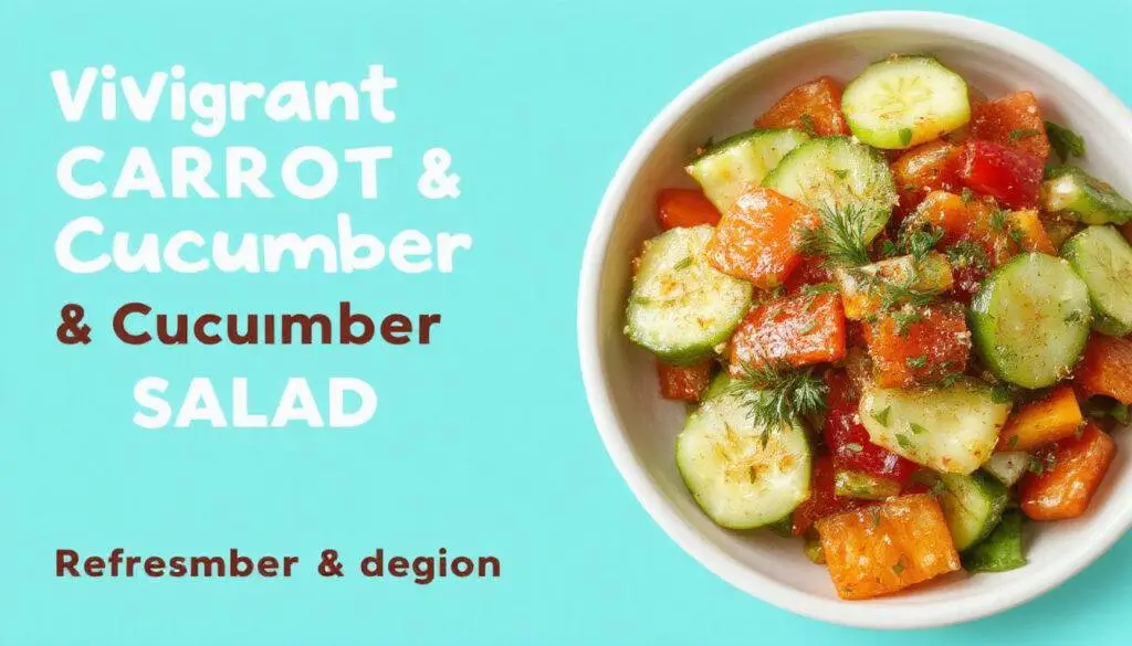 A vibrant bowl of carrot and cucumber salad featuring julienned orange carrots and crisp green cucumber slices, topped with fresh herbs and a light drizzle of dressing. The colorful vegetables are arranged aesthetically on a white plate, with a few carrot and cucumber strips scattered around, emphasizing freshness and crunch.