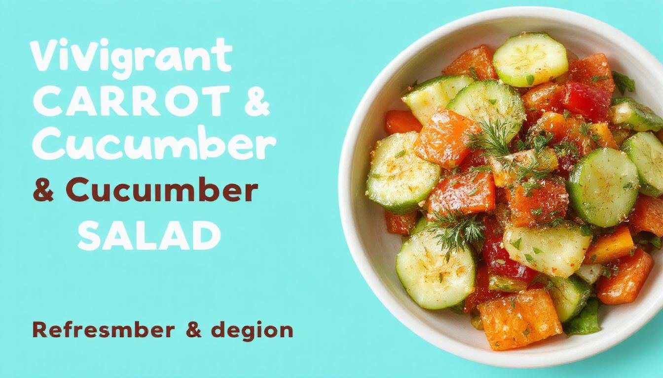 A vibrant bowl of carrot and cucumber salad featuring julienned orange carrots and crisp green cucumber slices, topped with fresh herbs and a light drizzle of dressing. The colorful vegetables are arranged aesthetically on a white plate, with a few carrot and cucumber strips scattered around, emphasizing freshness and crunch.