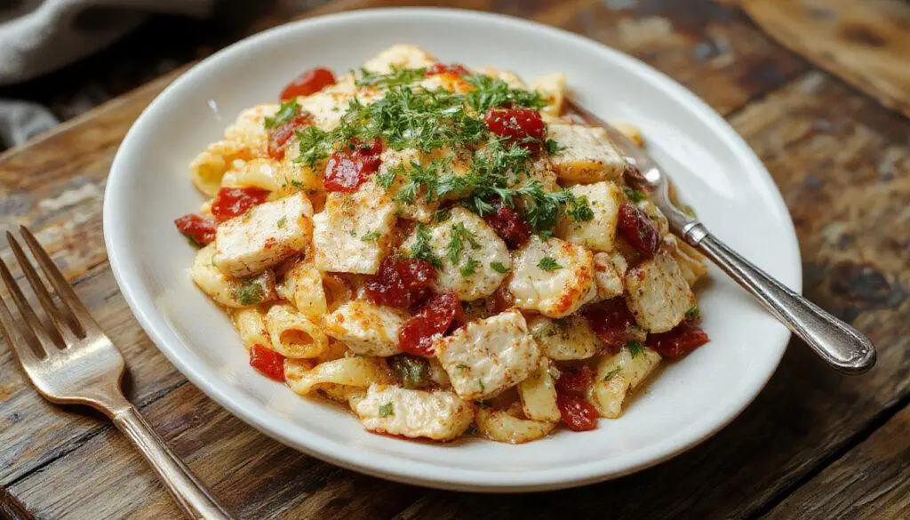 A colorful plate of Italian chicken pasta salad featuring spiral pasta coated in vibrant Italian dressing, topped with grilled chicken pieces, cherry tomatoes, black olives, and fresh parsley. The salad is arranged on a white plate with a rustic wooden background, highlighting the bright reds, greens, and yellows of the ingredients with a glossy, appetizing appearance.