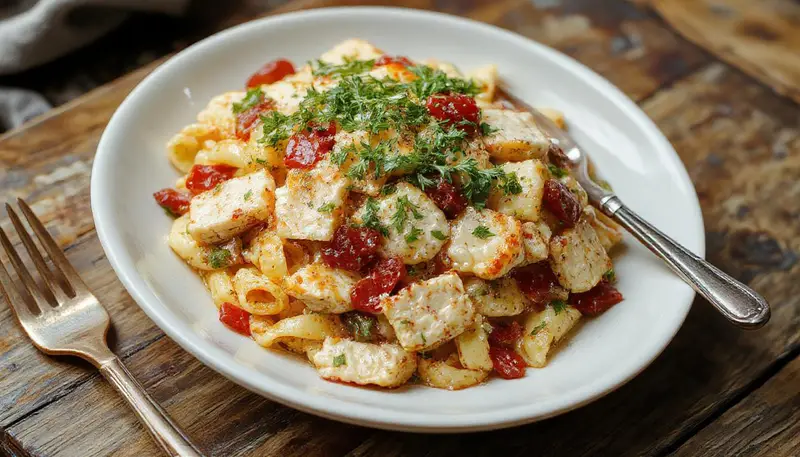 A colorful plate of Italian chicken pasta salad featuring spiral pasta coated in vibrant Italian dressing, topped with grilled chicken pieces, cherry tomatoes, black olives, and fresh parsley. The salad is arranged on a white plate with a rustic wooden background, highlighting the bright reds, greens, and yellows of the ingredients with a glossy, appetizing appearance.