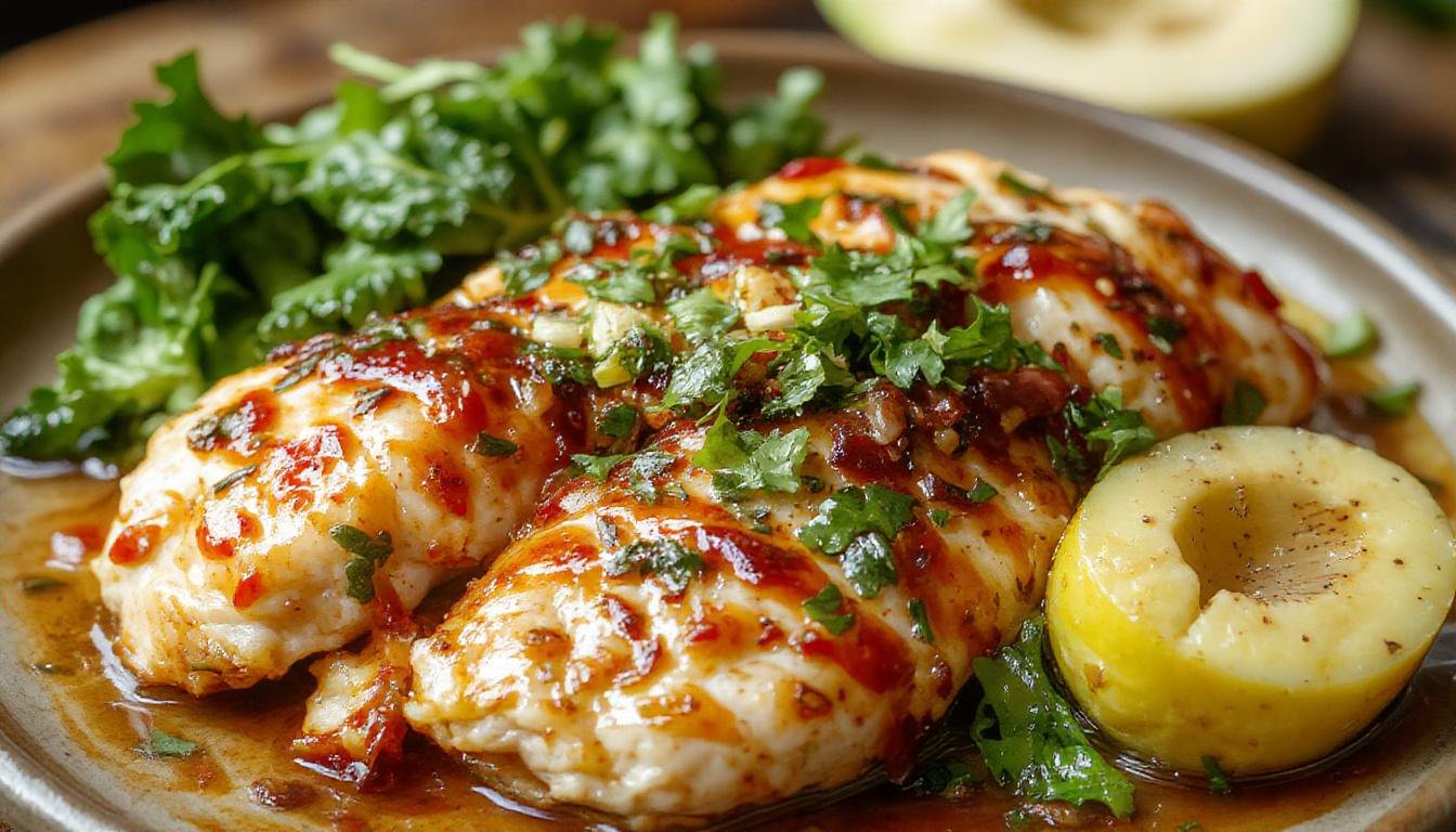 A plate of vibrant Brazilian coconut chicken featuring golden-brown, crispy chicken pieces coated in a rich, creamy coconut sauce, garnished with fresh cilantro and slices of red chili peppers, styled on a rustic wooden table with colorful accents.