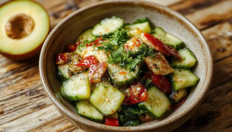 A close-up of a vibrant Thai cucumber salad featuring thinly sliced cucumbers coated in a tangy and colorful Thai-style dressing. The salad is garnished with chopped herbs, sliced chili peppers, and crushed peanuts, presented in a clear glass bowl that highlights the glossy, fresh ingredients. Bright green cucumbers contrast with the red chili slices and sprinkle of peanuts, creating an inviting, fresh, and textured appearance.