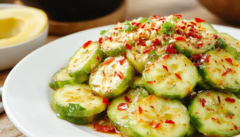 A vibrant bowl of spicy cucumber salad featuring thinly sliced fresh cucumbers coated in a bright red chili oil and sprinkled with chopped green herbs, garnished with sesame seeds. The salad's glossy texture highlights its spiciness and freshness, presented on a rustic wooden table with a side of lime wedges and red pepper flakes in the background.