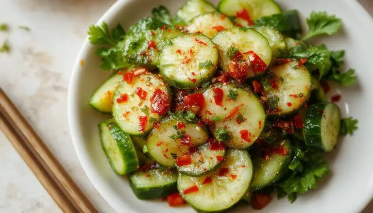 A vibrant Asian cucumber salad served in a clear glass bowl, showcasing thinly sliced bright green cucumbers coated in a savory sauce with sesame seeds sprinkled on top, garnished with fresh herbs, all set against a rustic wooden background.