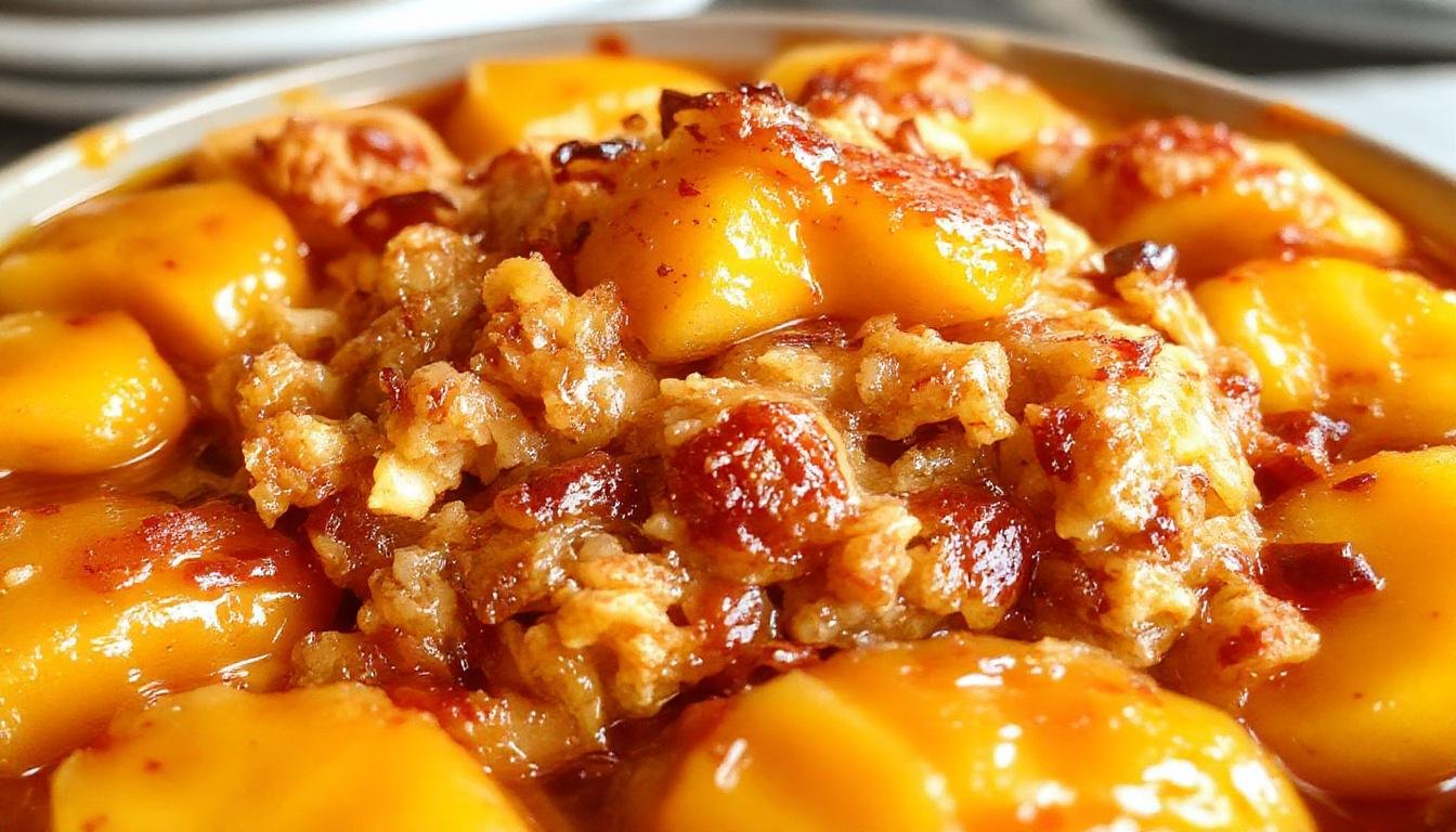 A golden-brown peach crisp served in a rustic white bowl, topped with a crunchy oat crumble and caramelized peach slices visibly bubbling around the edges, with a sprig of mint on top.