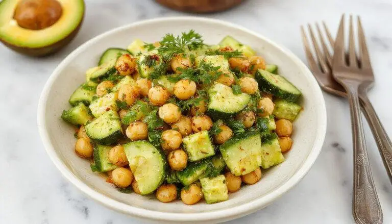 A vibrant bowl of Cilantro Lime Cucumber Salad featuring crisp cucumber slices, bright green cilantro, and chunks of creamy avocado, garnished with lime wedges and chickpeas, arranged in a colorful, fresh presentation.