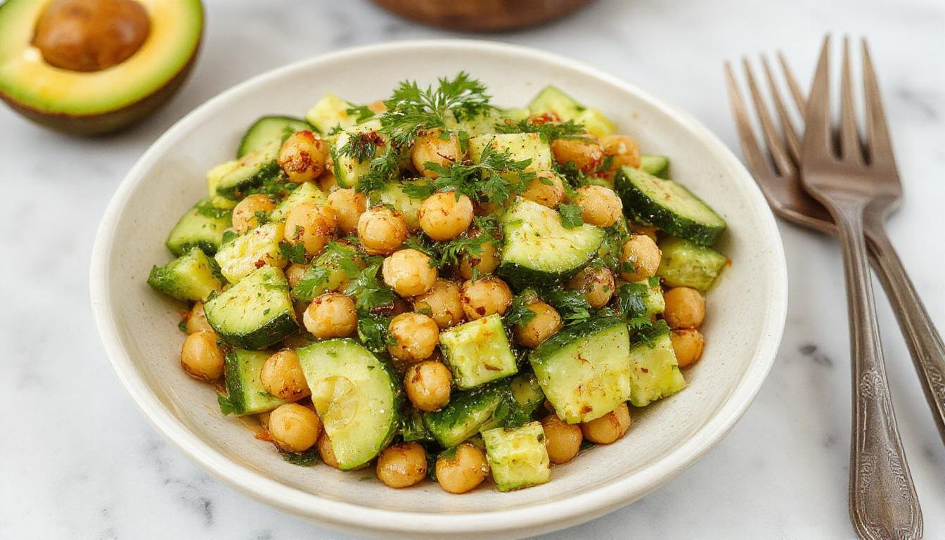 A vibrant bowl of Cilantro Lime Cucumber Salad featuring crisp cucumber slices, bright green cilantro, and chunks of creamy avocado, garnished with lime wedges and chickpeas, arranged in a colorful, fresh presentation.