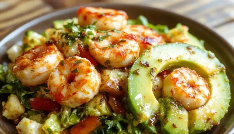 A vibrant bowl of Zesty Citrus Shrimp & Avocado Salad featuring plump pink shrimp, creamy avocado slices, and bright citrus segments, garnished with fresh herbs, arranged artfully on a white plate with colorful ingredients contrasting against a light background.