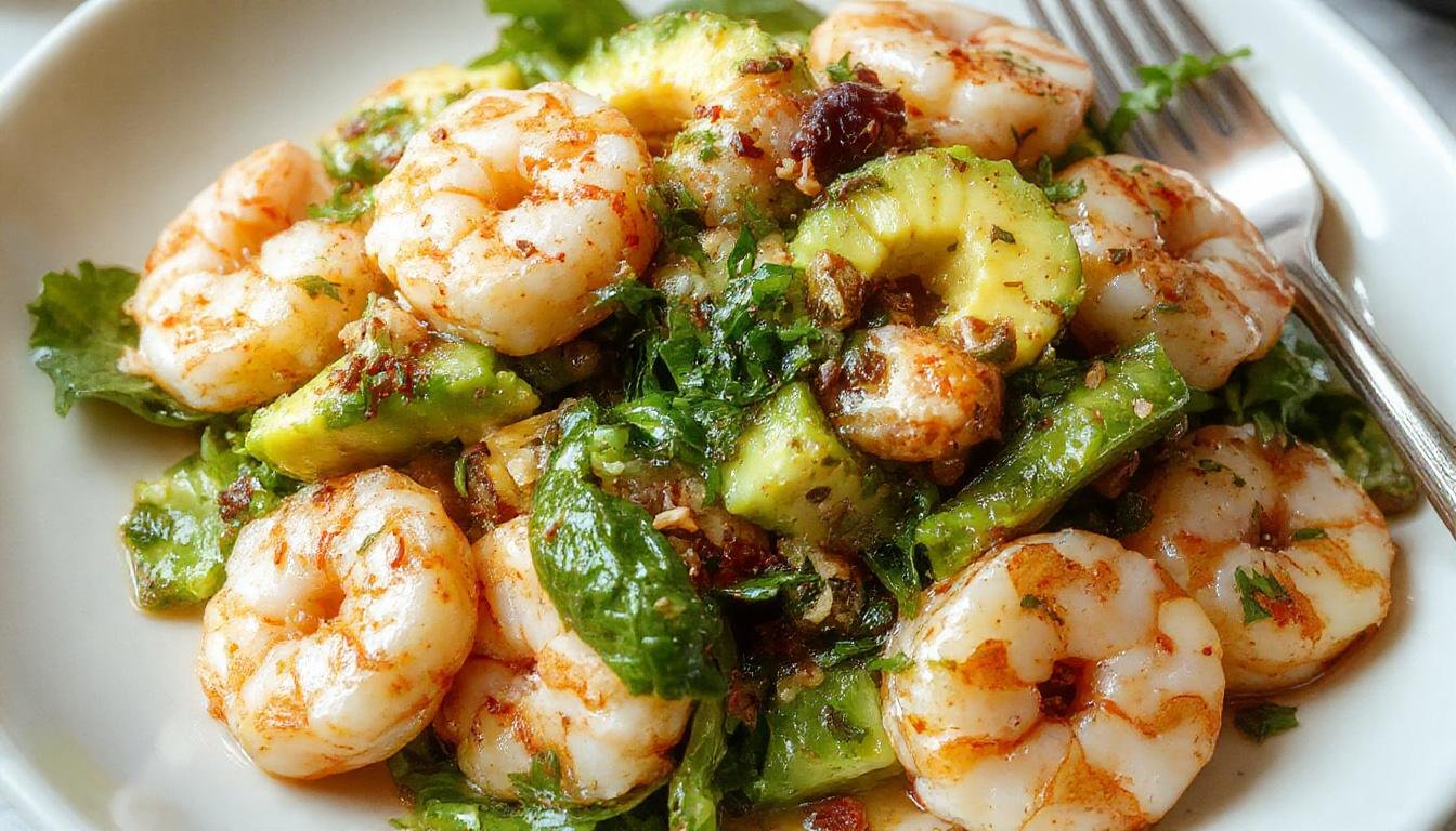 A vibrant bowl of citrus shrimp and avocado salad featuring plump pink shrimp, creamy green avocado slices, and colorful citrus segments on a white plate garnished with fresh herbs. The salad displays a mix of textures, with glossy shrimp, smooth avocado, and bright orange and yellow citrus pieces, all arranged artfully for an inviting summer dish.