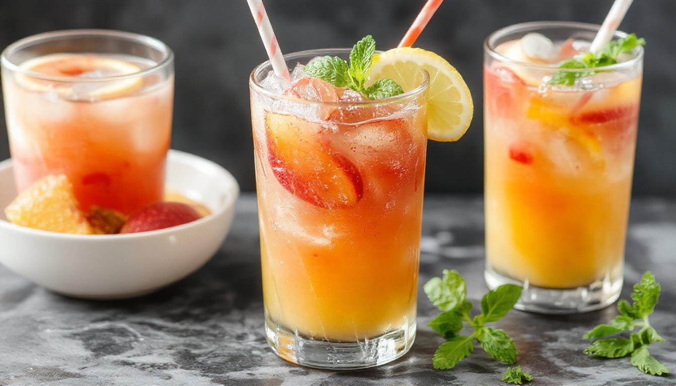 A vibrant peach-colored slushie in a tall glass, garnished with a lemon wedge and fresh peach slices, with a frosty texture and condensation on the glass, set against a summery backdrop with citrus fruits and mint leaves.